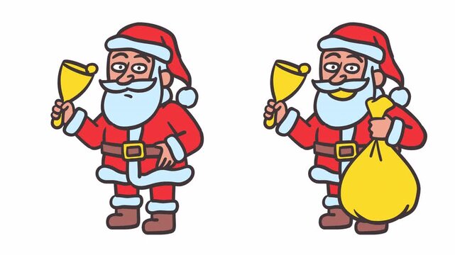Santa Claus holding bell and bag of gifts. Alpha channel. Frame by frame animation