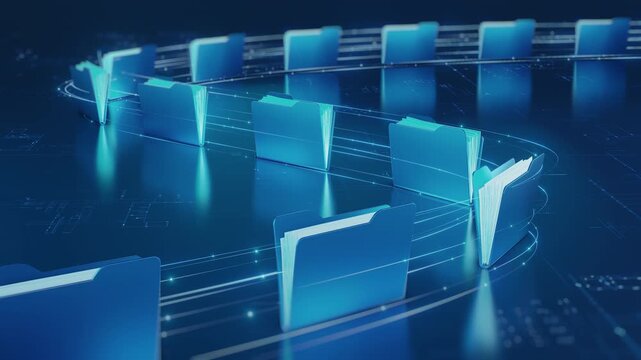 Dynamic visualization of digital data management, showcasing numerous blue folders circulating in a connected network. Glowing lines symbolize secure information flow, organized storage, and seamless