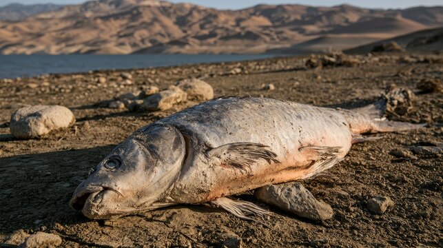 Dead fish carcass stranded on dry reservoir ground as drought causes receding water levels, illustrating severe water scarcity, climate change, ecosystem damage, environmental crisis, wildlife loss