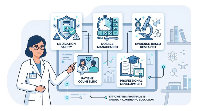Pharmacist woman explaining core competencies with blue and teal icons for professional development.