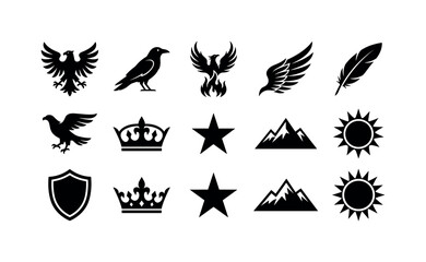 Obraz premium Heraldic Bird Collection, solid glyph icon set featuring eagle, raven, phoenix, wing, feather, shield, crown, star, mountain and sun, covering wildlife, freedom, heraldry, luxury business concepts,