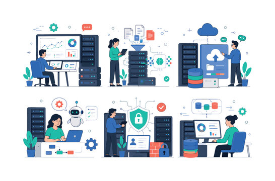 AI Server Operations, clean editorial illustration set of 6 separate mini scenes in a 3x2 layout showing server monitoring, data processing, cloud storage, AI automation, infrastructure security and