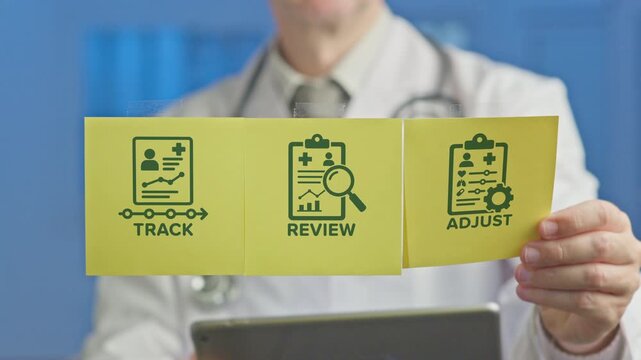 Medical professional explaining a patient treatment cycle on sticky notes, illustrating the process of tracking progress, reviewing data, and adjusting the healthcare plan for optimal results