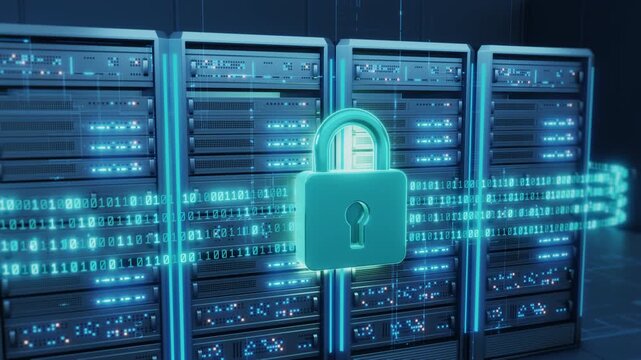 A glowing digital padlock secures data flowing as binary code over multiple server racks in a futuristic data center. This illustration symbolizes robust cybersecurity, network protection, and secure