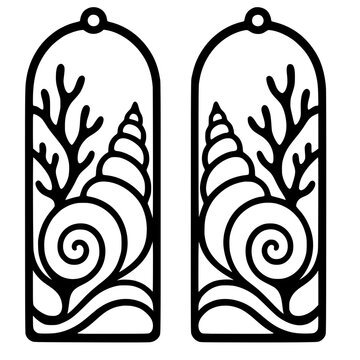 Laser cut earring template with seashell, coral, and ocean wave design
