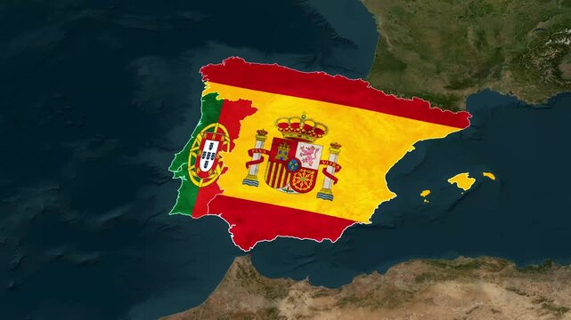 Iberian peninsula map with blended flags showing animated motion video footage