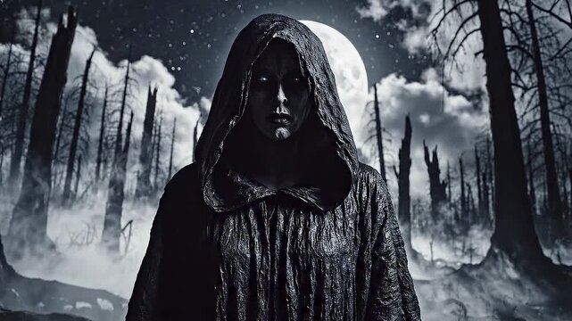 Aterradora figura de Grim Reaper con t&uacute;nica negra y capucha en un bosque nocturno, rodeada de niebla y luz de luna, creando una atm&oacute;sfera oscura, misteriosa y sobrenatural.