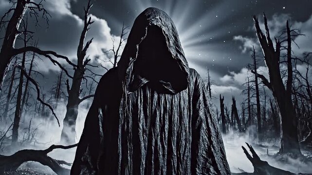 Aterradora figura de Grim Reaper con t&uacute;nica negra y capucha en un bosque nocturno, rodeada de niebla y luz de luna, creando una atm&oacute;sfera oscura, misteriosa y sobrenatural.