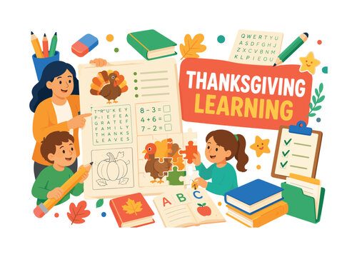 Thanksgiving Learning Worksheets banner featuring a teacher and two students using an oversized worksheet and large turkey puzzle; pencil, eraser, word search, math page, coloring page, alphabet page,
