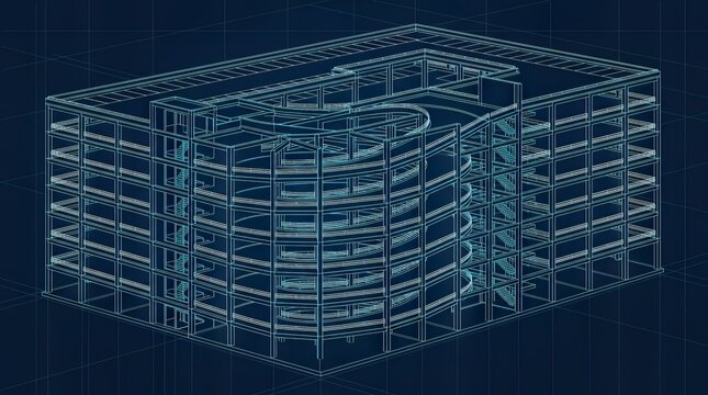 Wireframe 3d model of a multistory parking structure