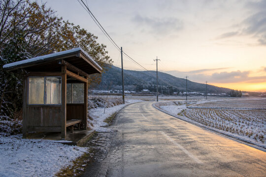 Rural Japanese Bus Shelter After the First Snow