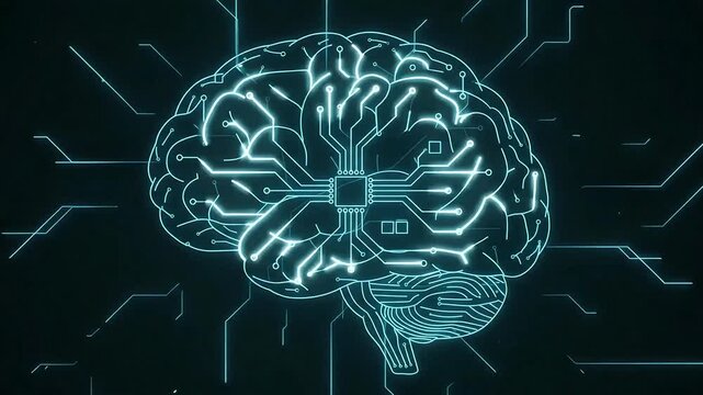 AI Microchip Brain Processor Line Art Animation on Dark Tech Background