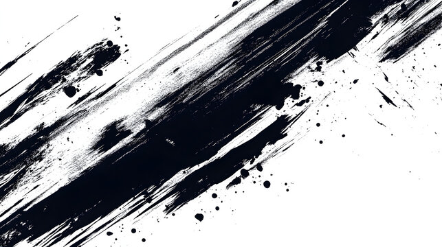 Abstract black ink brush strokes and splatter marks on a clean white background with arranged diagonally with diagonally across plain