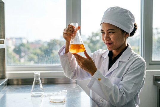 Laboratory scientist examining orange solution in an erlenmeyer flask
