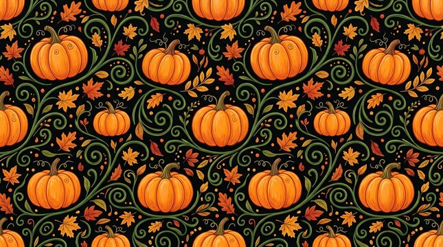 Seamless pattern with pumpkins and autumn leaves