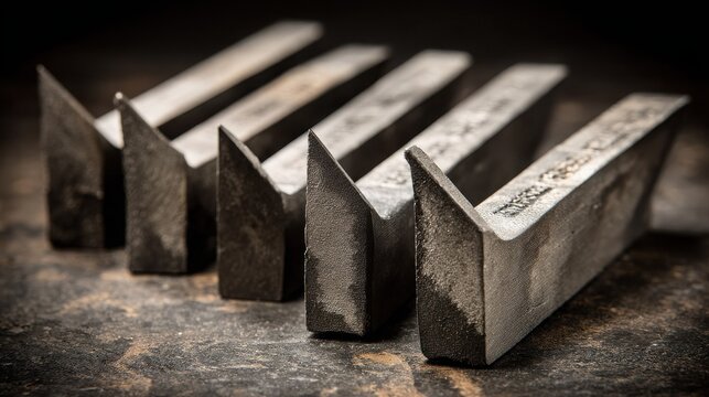 Row of sharp metallic angular tool components with textured surface