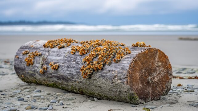 Weathered driftwood log encrusted with barnacles resting on a sandy beach with the ocean in the background