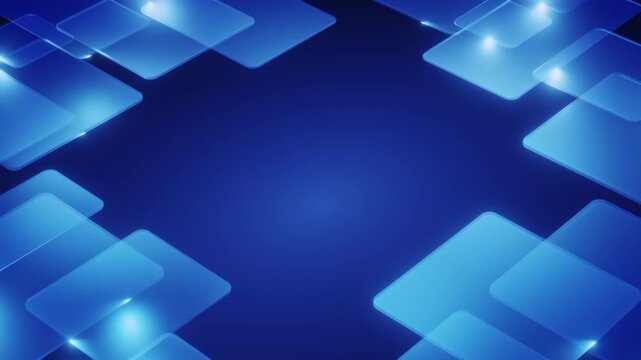 A vibrant, futuristic abstract background featuring numerous glowing blue rhomboid shapes creating an intricate, overlapping pattern. These transparent geometric elements, illuminated by bright light