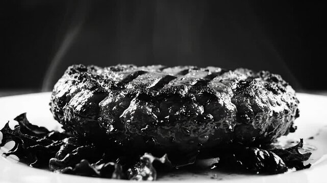 Savory grilled hamburger patty on a plate with greens, steaming in a monochromatic black and white shot