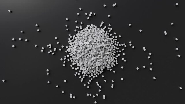 3D Animation of White Cube Collapsing and Shattering into Small Blocks on Black Surface