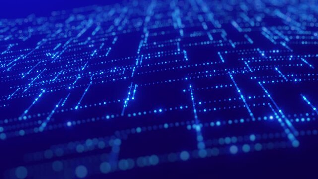 A mesmerizing abstract digital background features a dynamic, wavy grid pattern of interconnected glowing blue dots on a deep blue surface. This visually striking image represents data, technology,