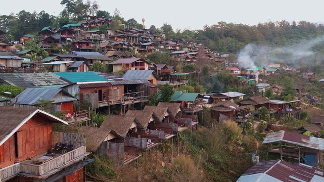 Traditional wooden hillside village in Mae Hong Son Thailand