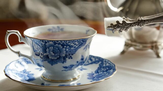 Blue porcelain teacup rests on saucer as ornate sugar tongs reach toward sugar cube. Warm table setting and reflective silver service show delicate floral pattern, gold trim, cloth, and spoon.
