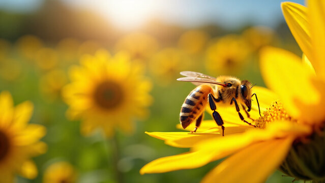 Honeybee on Sunflower for Marketing Text