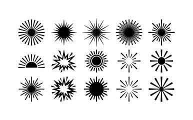 Obraz premium Vintage Sunburst Shapes, solid glyph icon set featuring circular sunburst, spiked radial burst, long-ray starburst, dense rays, short-ray burst, half sun rays, angular explosion, radiant badge, flare