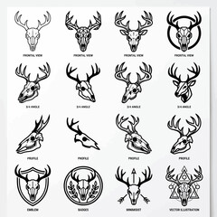 Fototapeta premium Deer skull vector icons and emblems in various angles