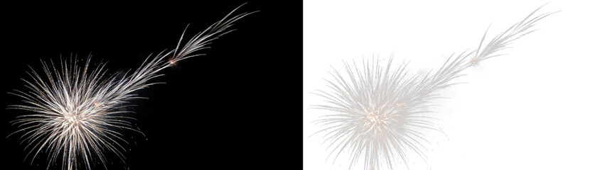 Obraz premium Stunning white fireworks explosion with trails of light, captured in a dynamic burst against a contrasting black background isolated on transparent background