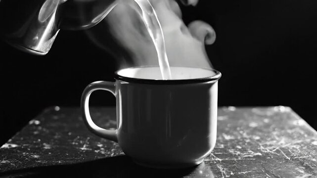 Black and white shot of steaming water pouring from a teapot into a mug on a textured surface