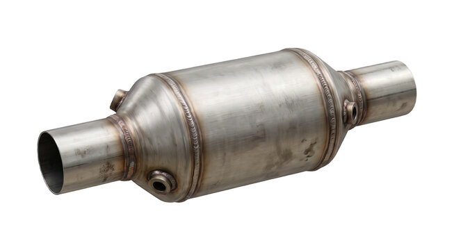 Stainless steel catalytic converter for car exhaust emission control is isolated on transparent background.