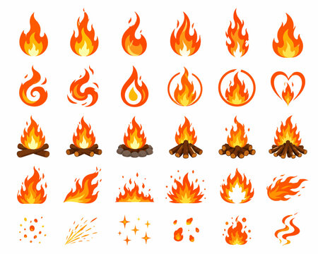 Flat fire flame icons and campfire vector illustrations collection