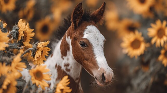 A playful pinto pony foal with bright curious eyes in a field of blooming sunflowers