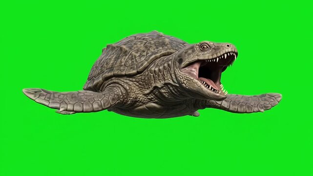 Prehistoric marine reptile turtle swimming with green screen chroma key