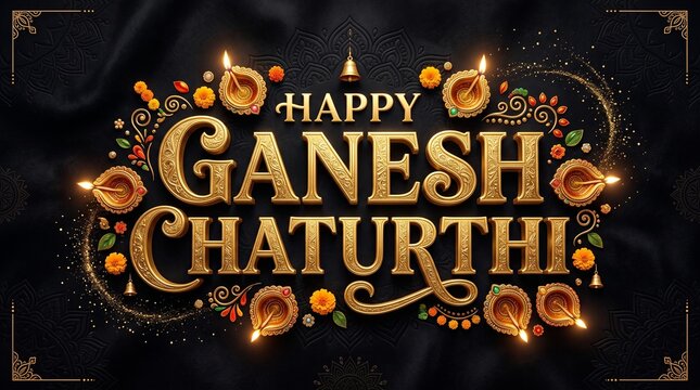 Happy ganesh chaturthi greeting with ornate text and diyas