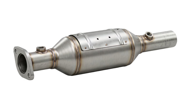Automotive catalytic converter with stamped metal heat shield lies isolated against a transparent background.