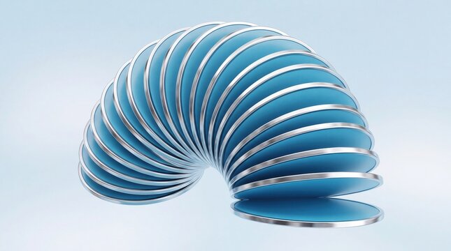 A shiny blue metal slinky toy arched in a fun curved shape representing play and childhood nostalgia for classic simple vintage entertainment