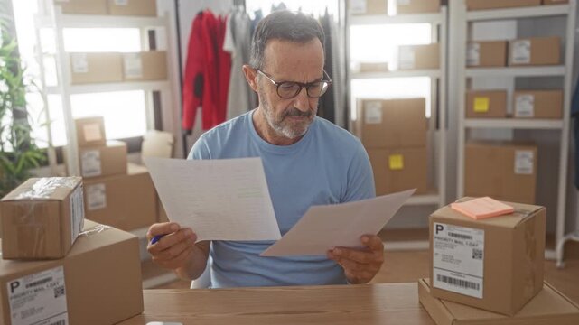 Man marking a package with a pen while reading paperwork in a building; concentration responsibility.