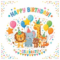 Naklejka premium Funny Animals Happy Birthday Card with Colorful Balloons, Cute Cartoon Vector Illustration for Kids Party Celebration and Festive Greeting Design