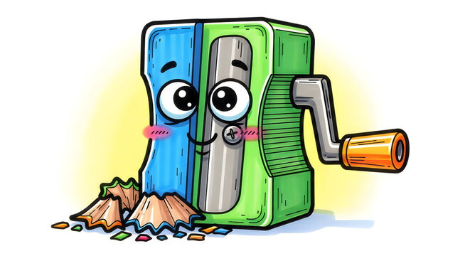 Kawaii Hand Crank Pencil Sharpener Illustration with Happy Face