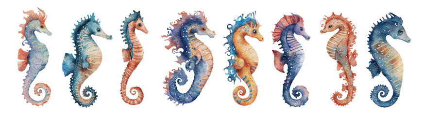 Watercolor seahorses illustration set hand drawn seahorse character with abstract splatters for nursery decor, baby shower, posters and greeting cards isolated on white background. © EvgeniiasArt