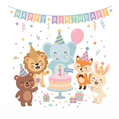 Naklejka premium Cute Cartoon Baby Shower Card with Adorable Teddy Bear and Animal Characters, Colorful Vector Illustration for Kids Celebration, Gift, Love and Festive Party Design