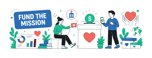 Fototapeta premium Foundation Fundraising Online — clean editorial banner with 2 geometric characters sending money to oversized donation box, online payment, foundation badge, finance chart, humanitarian heart, and