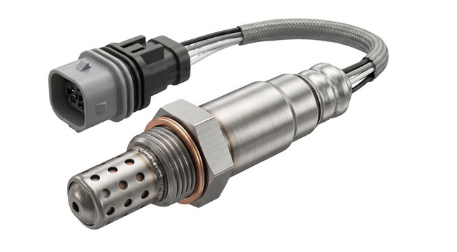 Exhaust gas oxygen sensor with heat sleeve and electrical plug is shown on a transparent background.