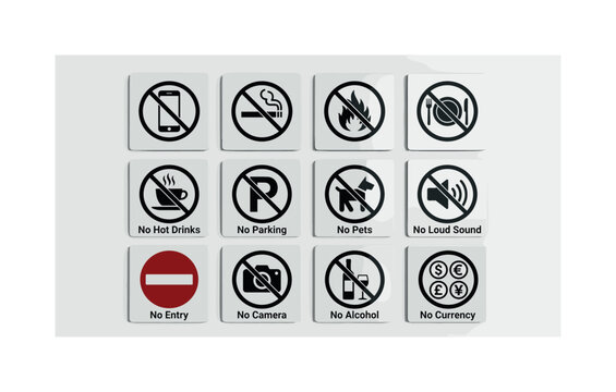 Prohibited Restriction Signs, line icon set featuring no phone, no smoking, no fire, no food, no drink, no parking, no pets, no sound, no entry, no camera, no alcohol and no currency symbols, covering