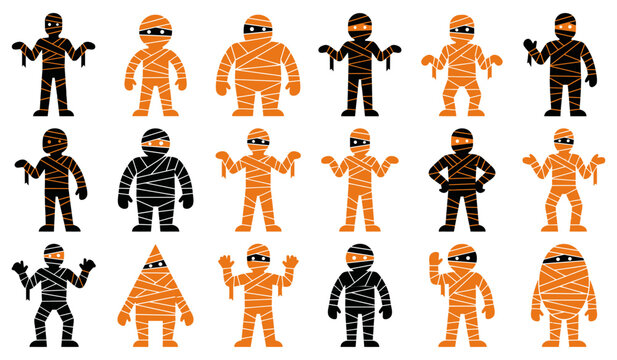 A collection of various spooky characters in this halloween mummy vector illustration featuring diverse poses and styles