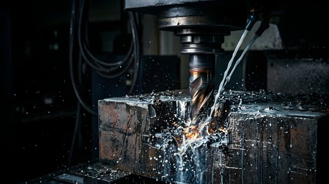 Industrial milling machine cutting metal block with coolant spray and sparks