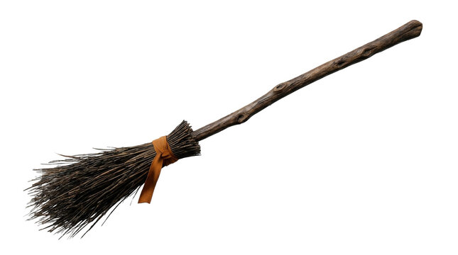 A rustic wooden broom with a natural branch handle and tied bristles, isolated on transparent background